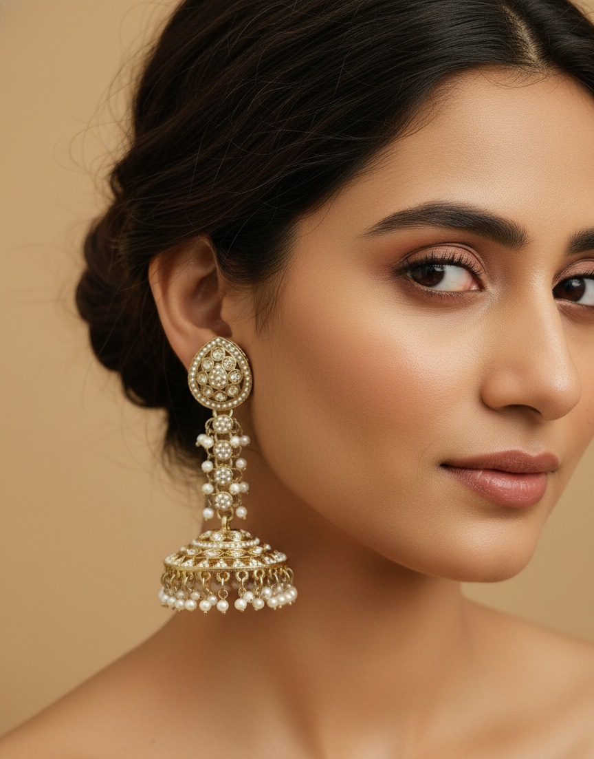 Grand Kundan & Pearl Cascading Jhumka Earrings