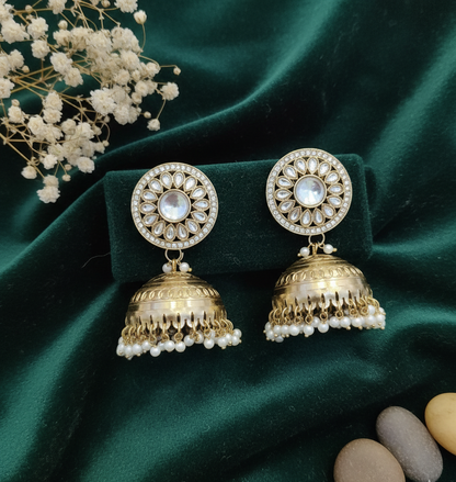 Gold-Plated Jhumka Earrings with Kundan and Pearl Detailing