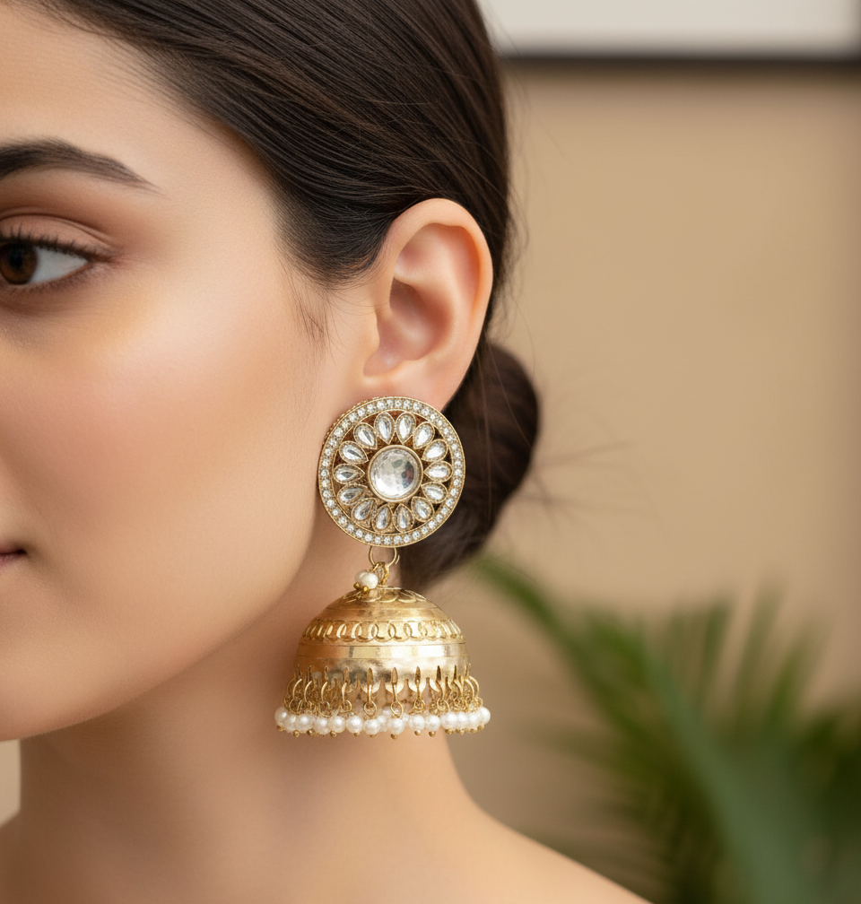 Gold-Plated Jhumka Earrings with Kundan and Pearl Detailing