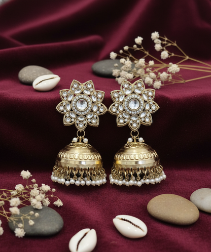 Gold-Plated Floral Jhumka Earrings with Kundan and Pearl Drops