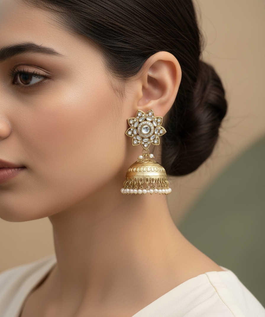 Gold-Plated Floral Jhumka Earrings with Kundan and Pearl Drops