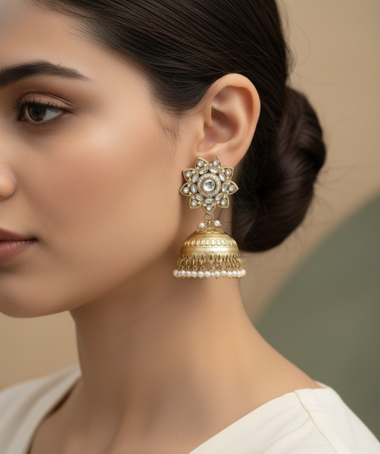 Gold-Plated Floral Jhumka Earrings with Kundan and Pearl Drops