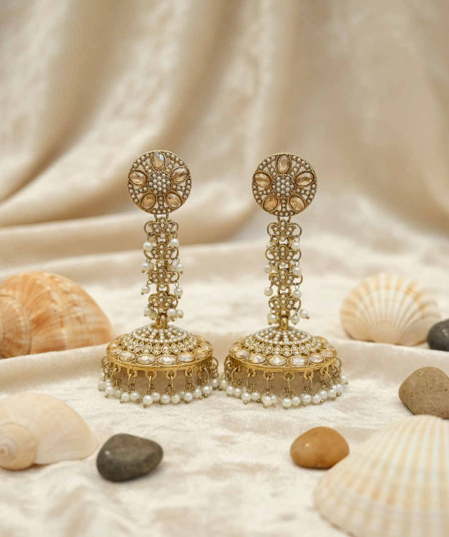 Jhumka Earrings with Intricate Pearl and Kundan Work