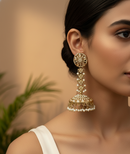 Jhumka Earrings with Intricate Pearl and Kundan Work