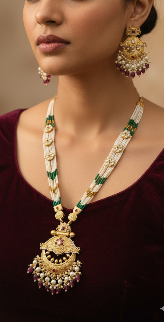 Elegant Ruby & Pearl Beaded Kundan Necklace Set