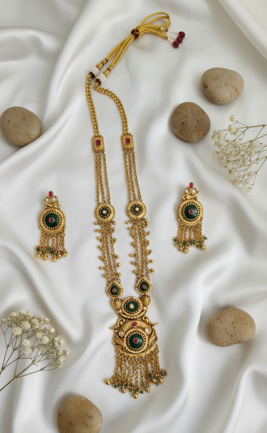 Traditional Emerald &amp; Ruby Gold Plated Haram Necklace Set