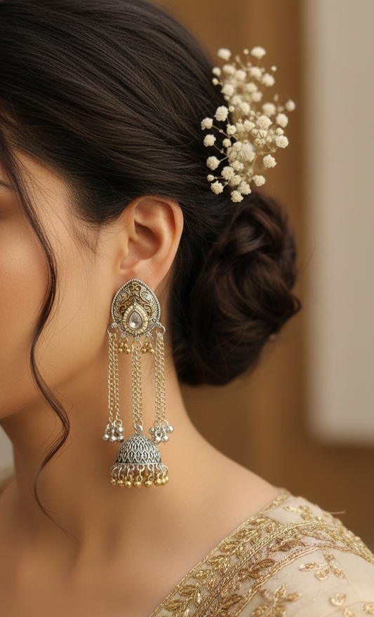 Dual-Tone Jhumka Dangle Earrings with Stone Embellishment