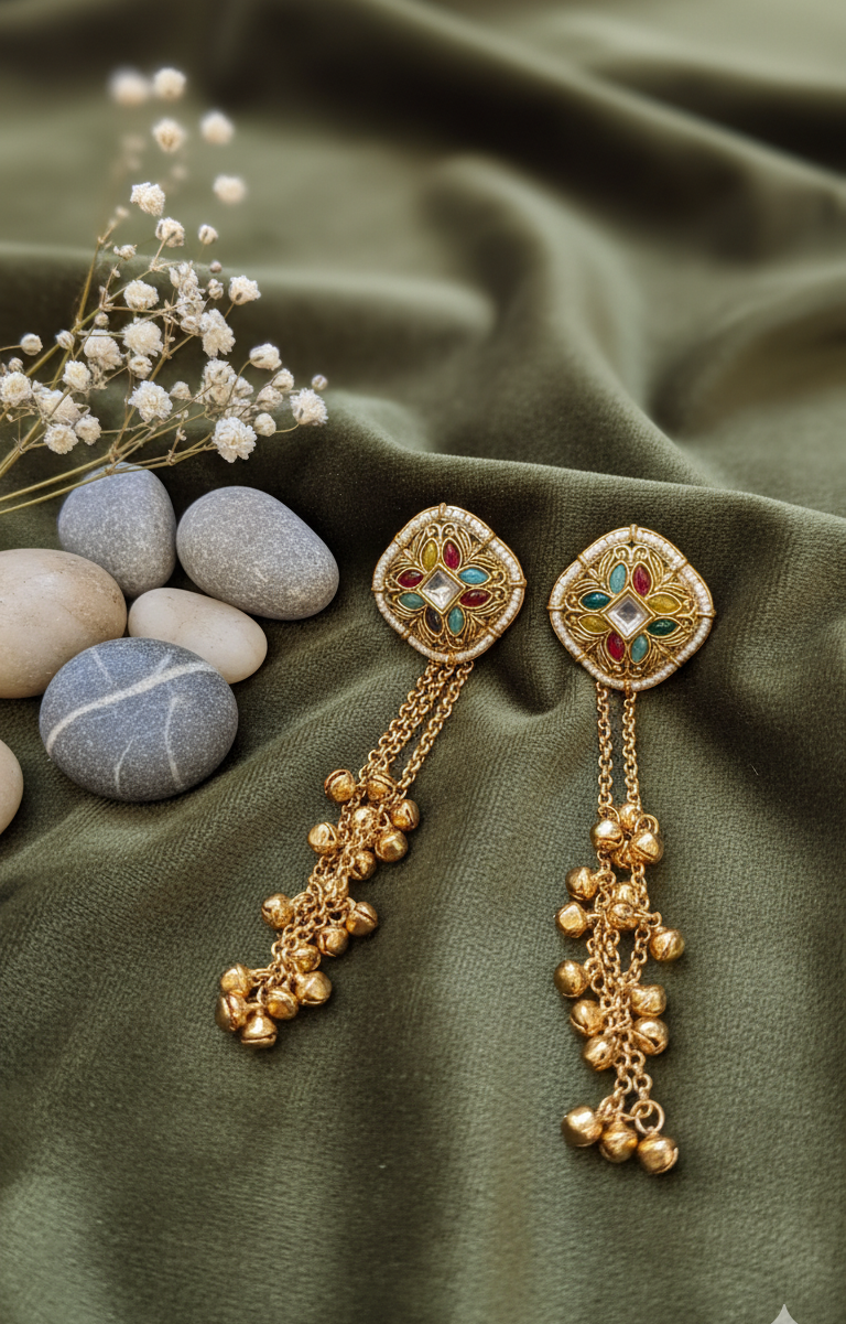 Kundan Minakari Square Drop Earrings