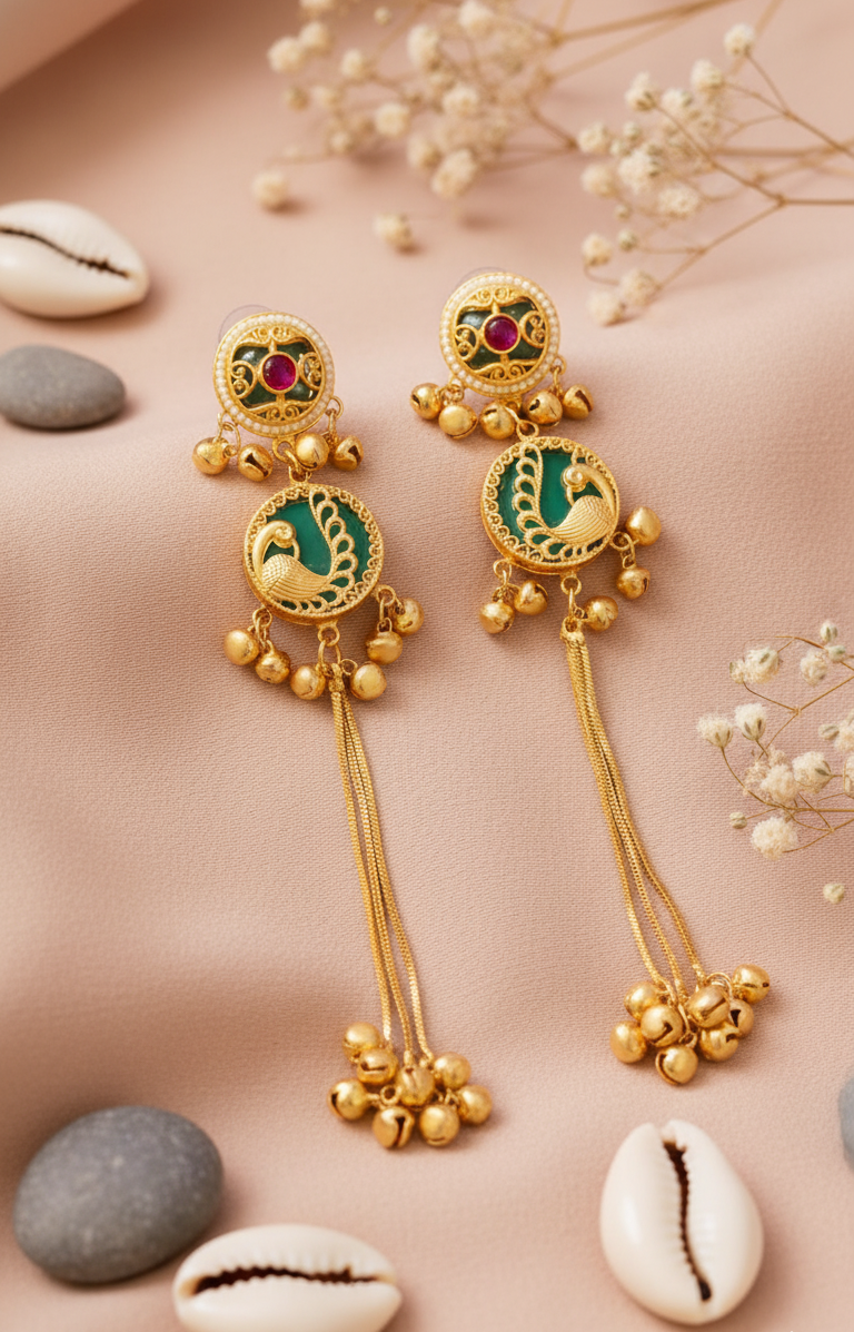Peacock Medallion Dangling Earrings with Jhumkas