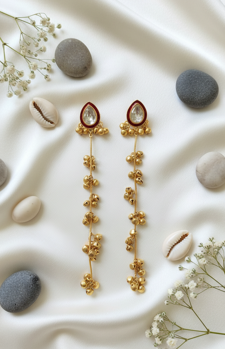 Elegant Teardrop Kundan Earrings with Cascading Gold Bells