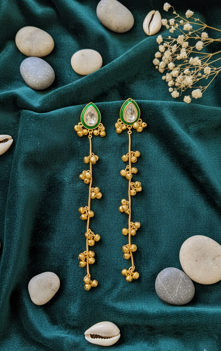 Elegant Teardrop Kundan Earrings with Cascading Gold Bells