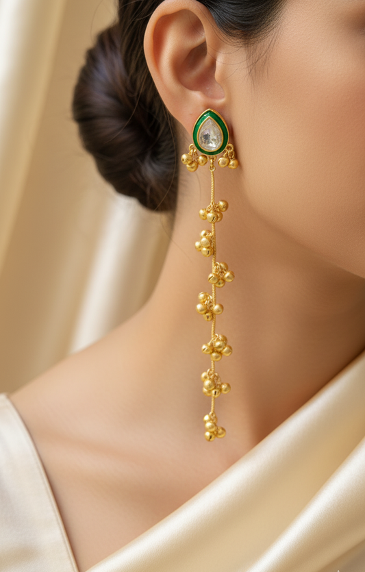 Elegant Teardrop Kundan Earrings with Cascading Gold Bells