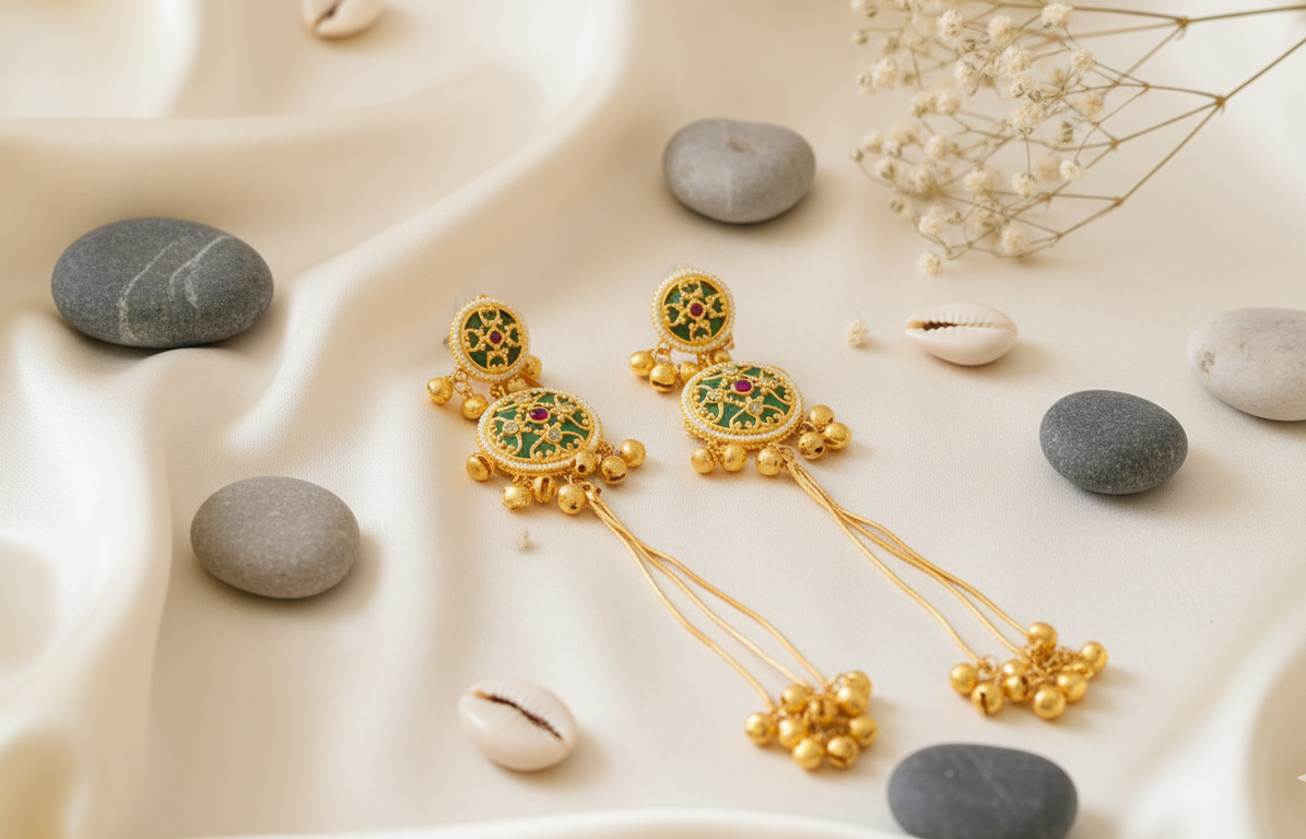 Grand Two-Tiered Dangling Earrings with Gold Jhumkas