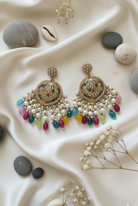 Multi-Colored Kundan and Pearl Chandbali Earrings with Gemstone Drops