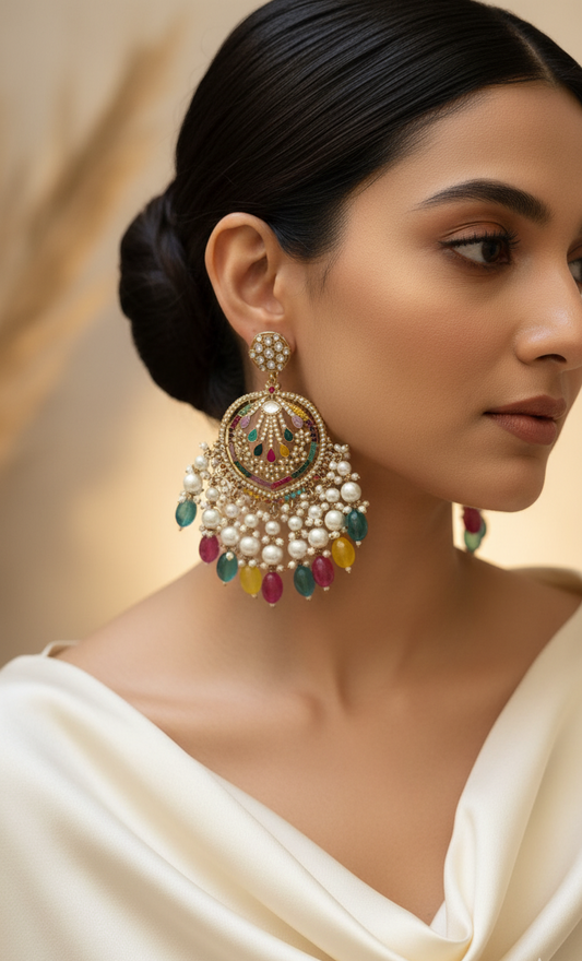 Multi-Colored Kundan and Pearl Chandbali Earrings with Gemstone Drops