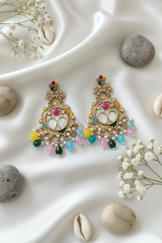 Multi-Colored Kundan Chandbali Earrings with Gemstone Drops
