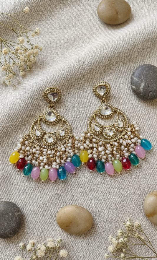 Radiant Kundan & Pearl Chandbali with Rainbow Drops