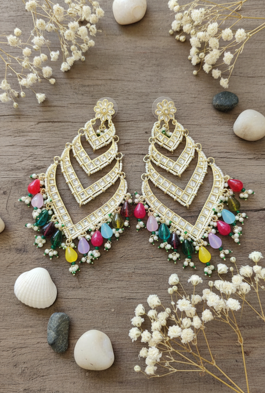 Layered Kundan Fan Drop Earrings with Multicolored Beads