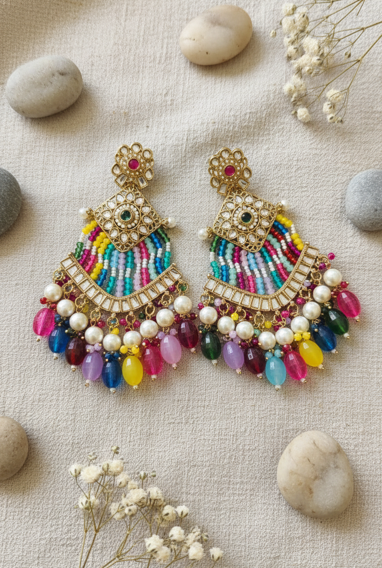 Multicolor Beaded Fan Drop Earrings