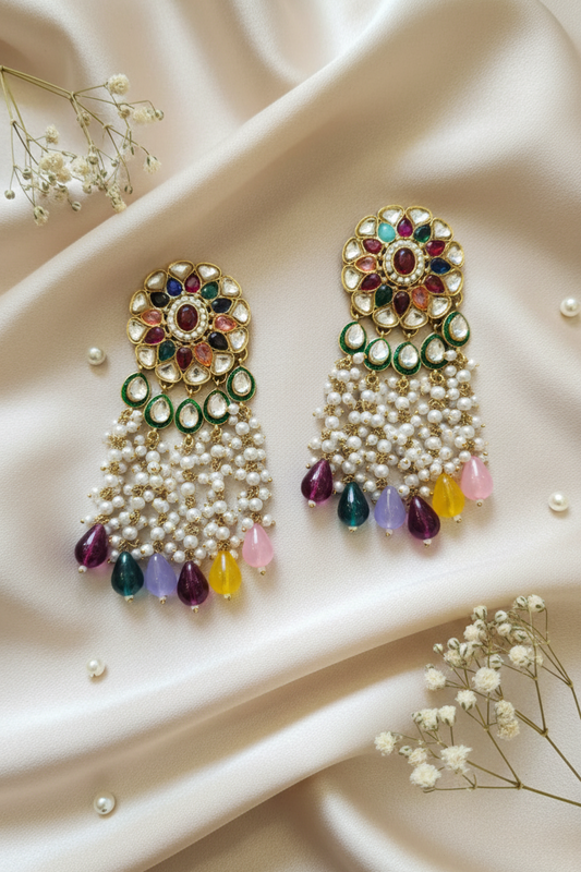 Multicolor Kundan Pearl Drop Jhumkas