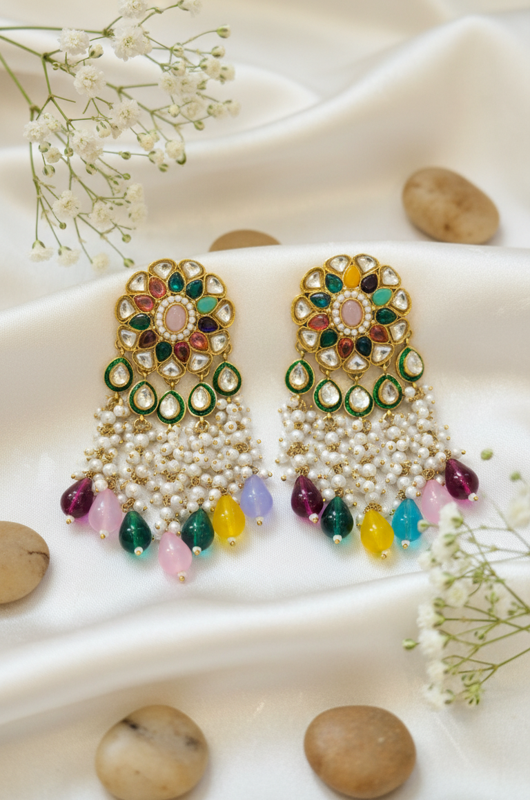 Multicolor Kundan Pearl Drop Jhumkas