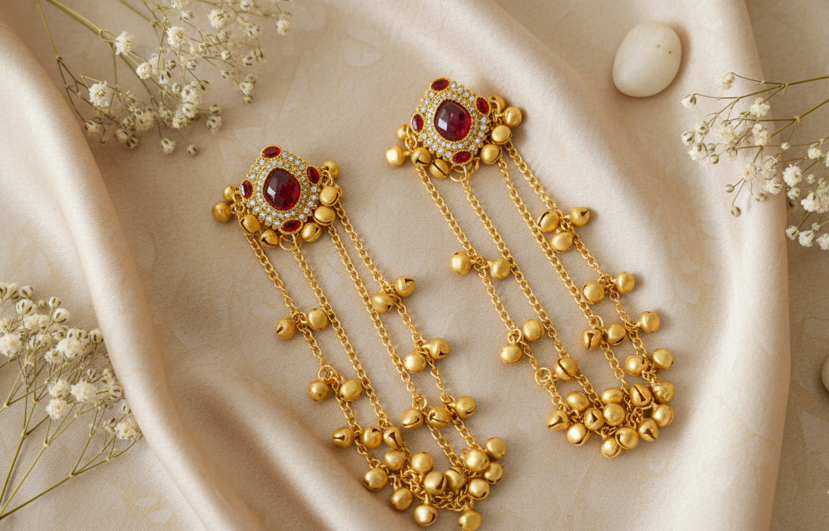 Traditional Ruby & Gold Bell Jhumki Sahare