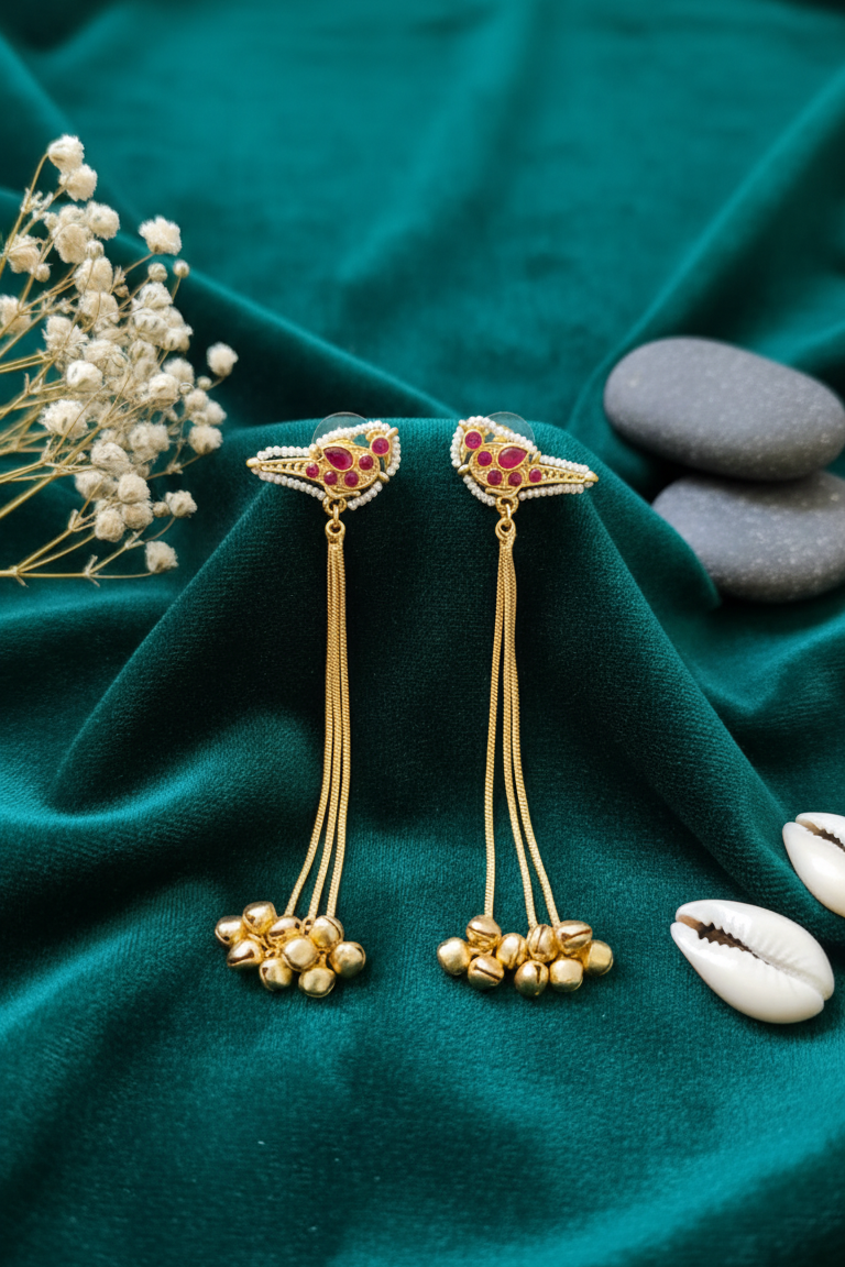 Charming Bird Motif Ear Chains with Gold Bells