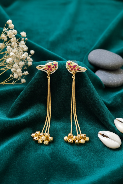 Charming Bird Motif Ear Chains with Gold Bells