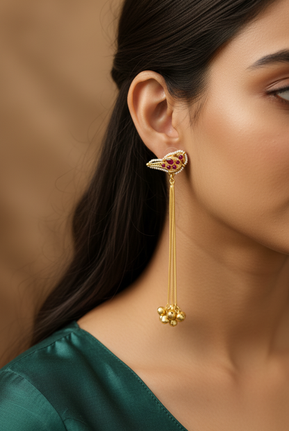 Charming Bird Motif Ear Chains with Gold Bells