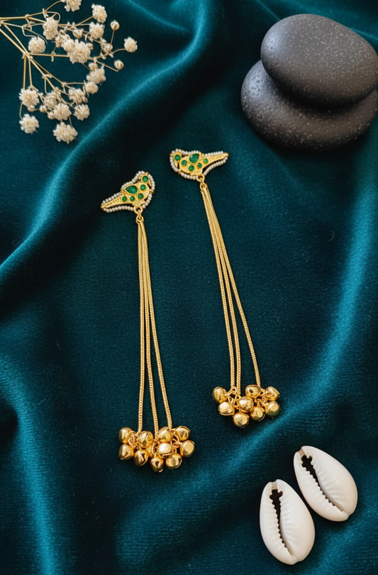 Charming Bird Motif Ear Chains with Gold Bells