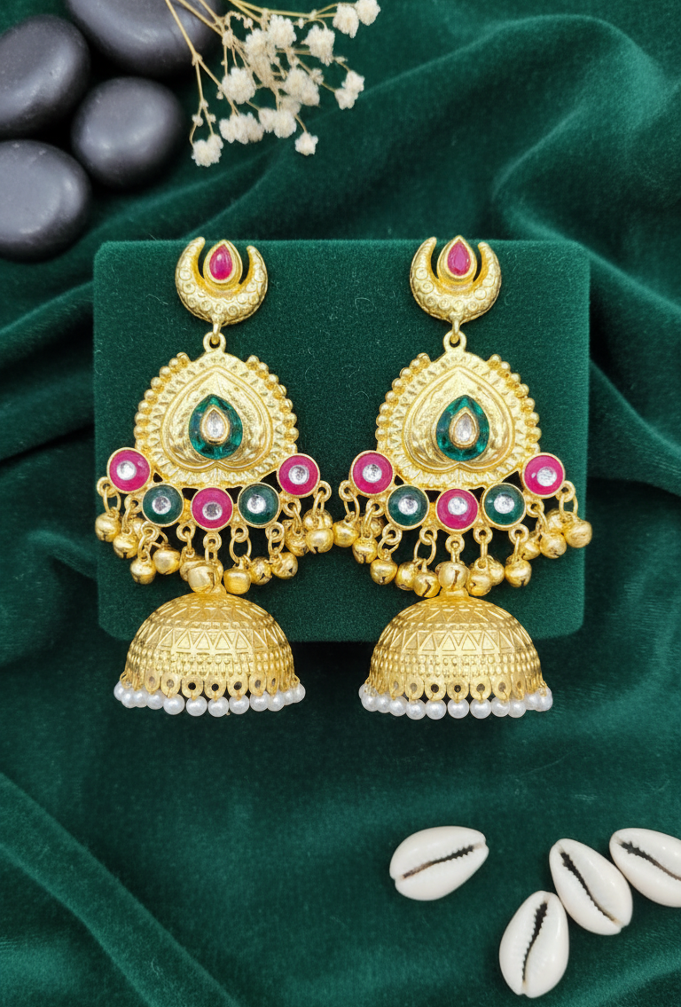 Regal Emerald & Gold Jhumka Earrings