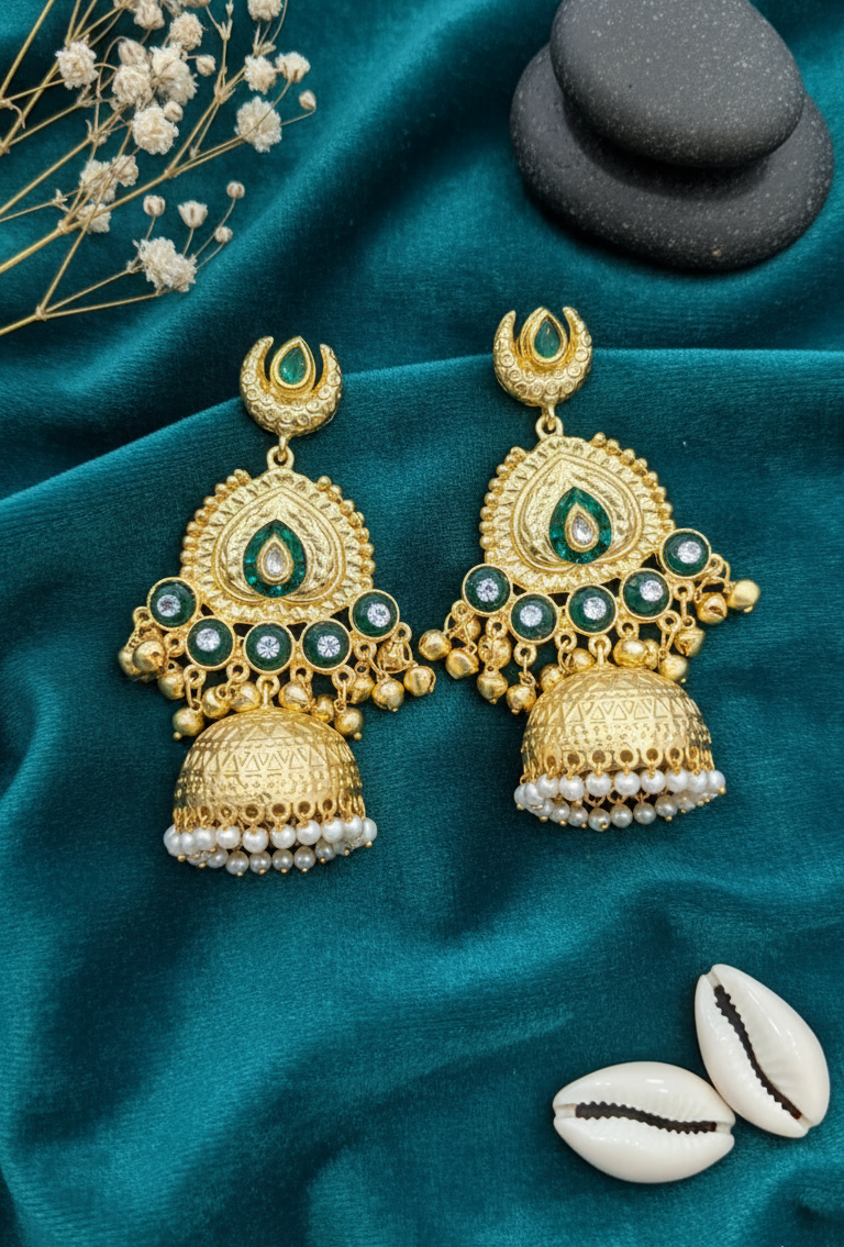 Regal Emerald & Gold Jhumka Earrings