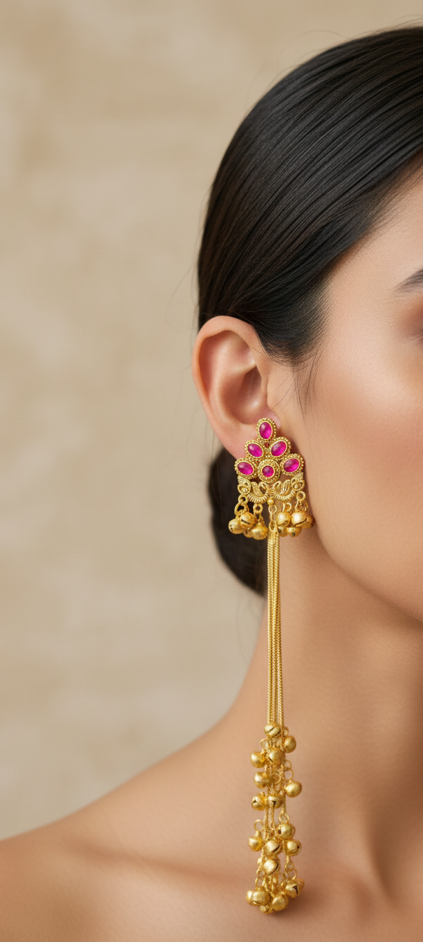 Regal Gold-Toned Jhumki Chain Earrings