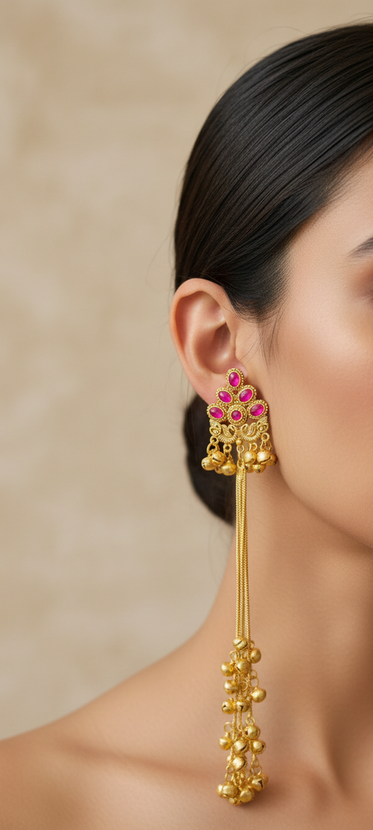 Regal Gold-Toned Jhumki Chain Earrings