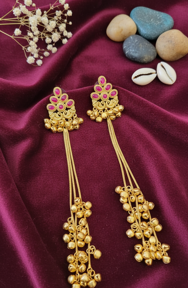 Regal Gold-Toned Jhumki Chain Earrings