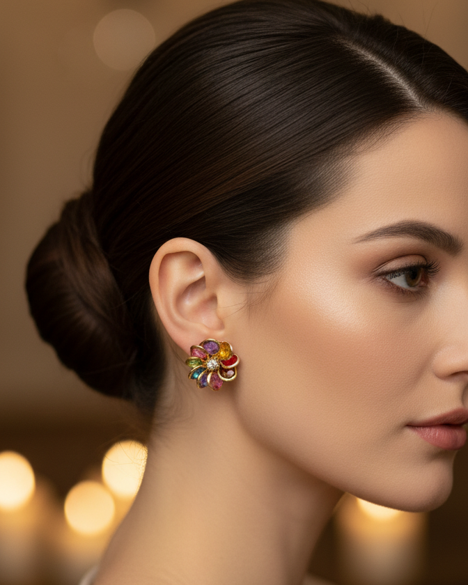 Multi-Gemstone Floral Stud Earrings