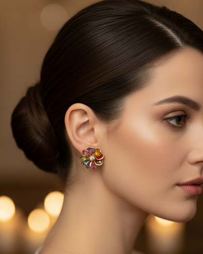 Multi-Gemstone Floral Stud Earrings