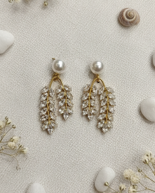 Pearl and Crystal Leaf Drop Earrings