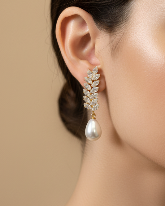 Pearl Drop Leaf Motif Earrings