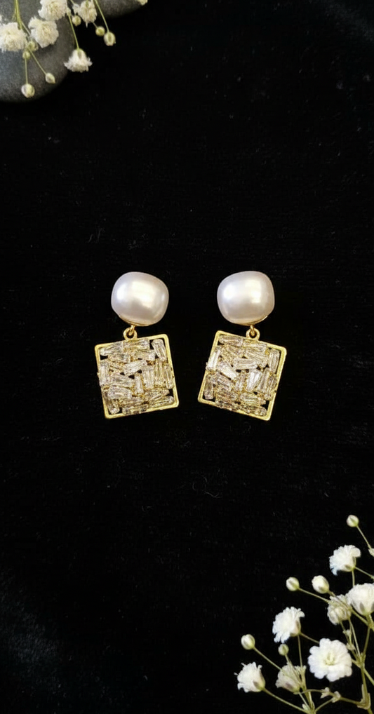 Luminous Baroque Pearl and Crystal Square Drop
