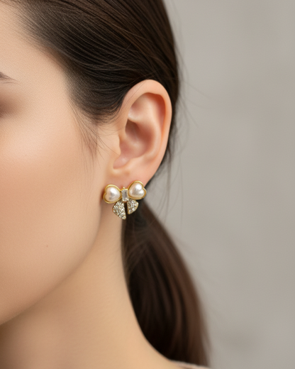 Pearl and Zirconia Bow Stud Earrings