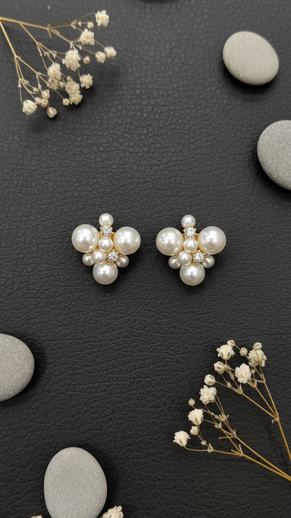 Cluster Pearl and Zirconia Stud Earrings