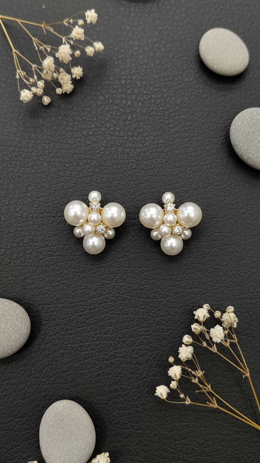 Cluster Pearl and Zirconia Stud Earrings