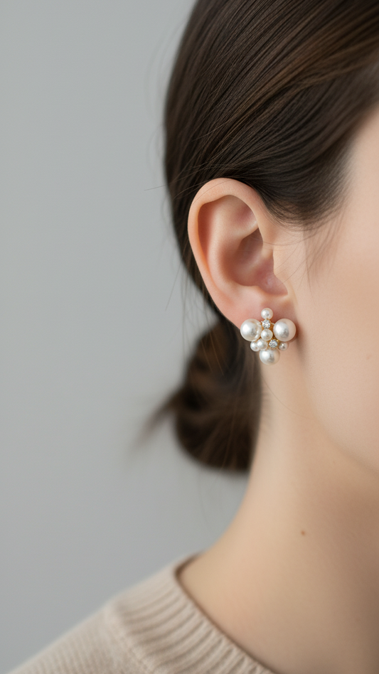 Cluster Pearl and Zirconia Stud Earrings
