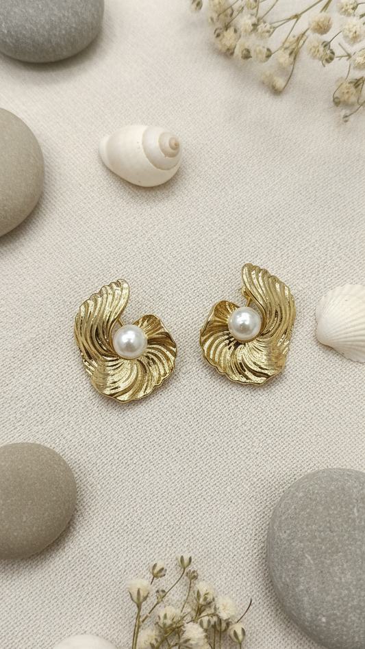 Golden Spiral Shell Stud  with Pearl