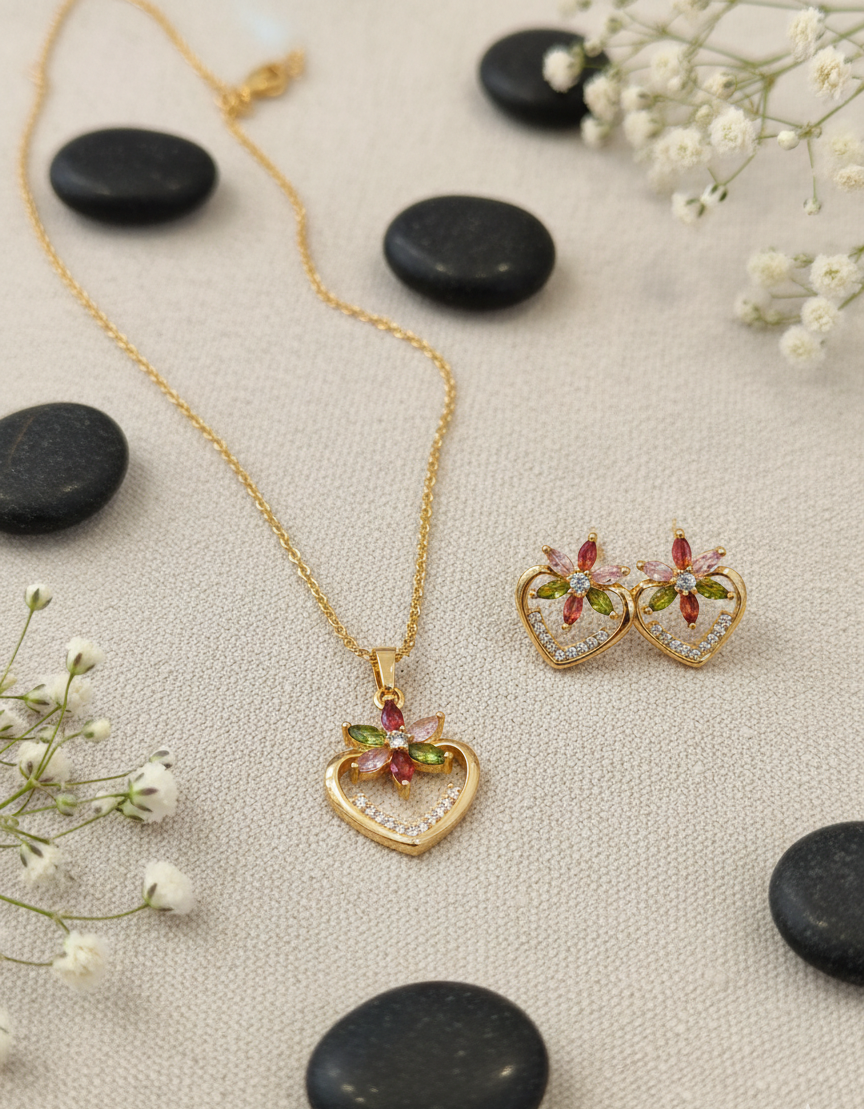 Everlasting Bloom Heart Necklace and Earring Set