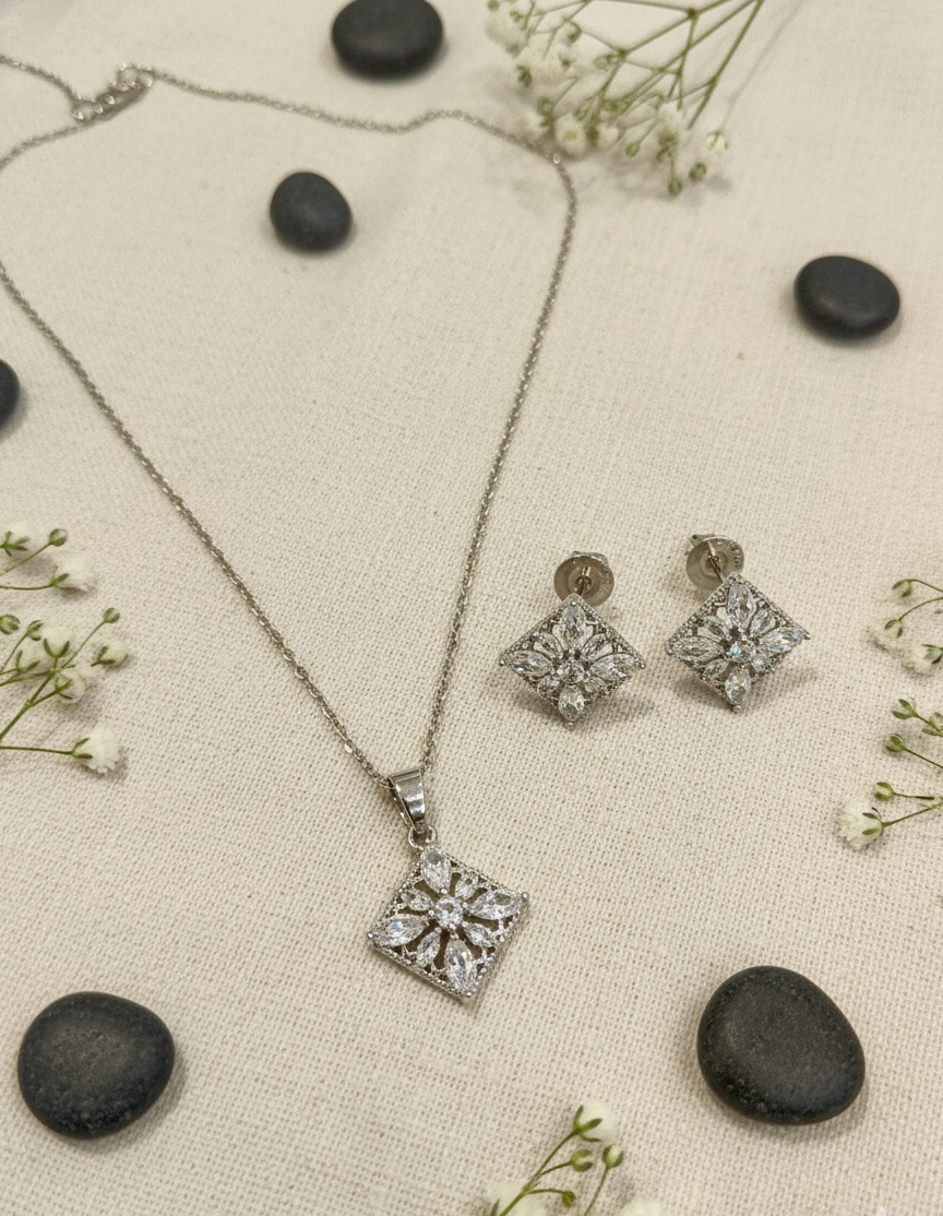 Dazzling Quadrant Bloom Necklace and Earring Set