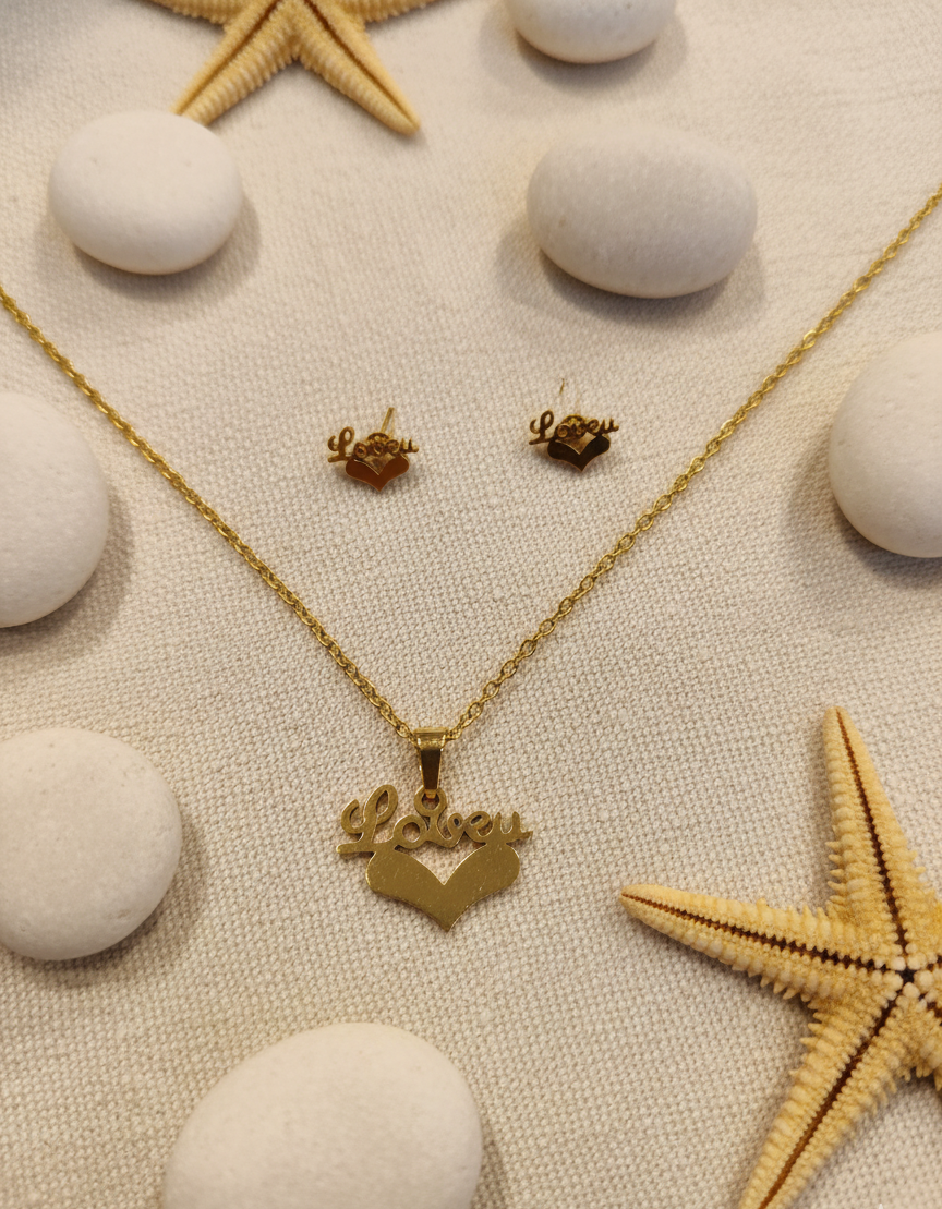 Golden Heart 'Love You' Necklace and Earring Set