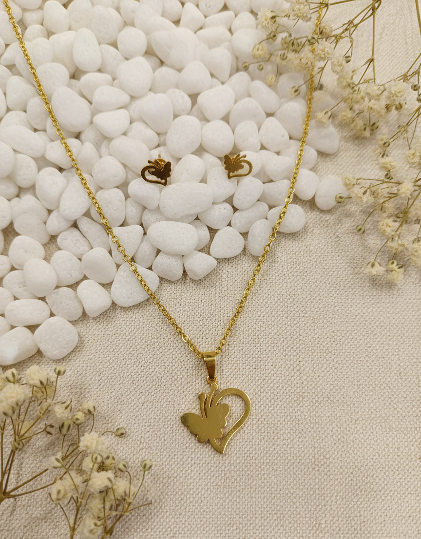 Golden Butterfly Heart Necklace and Earring Set
