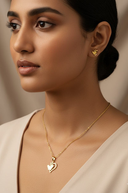 Golden Butterfly Heart Necklace and Earring Set